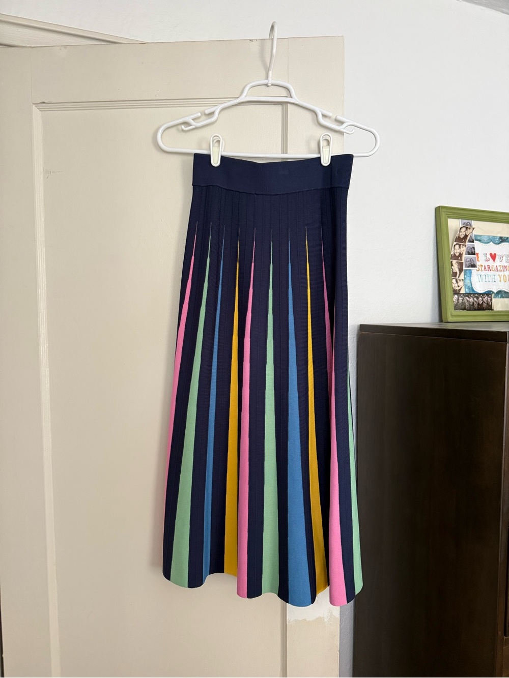 Maeve Navy A-Line Pleated Skirt with Pink, Yellow, Green & Blue Stripes
